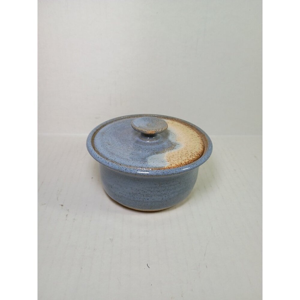 Vintage Art Pottery Lidded Bowl Pot  Artisan Signed Drip Glaze Neutral Earthy